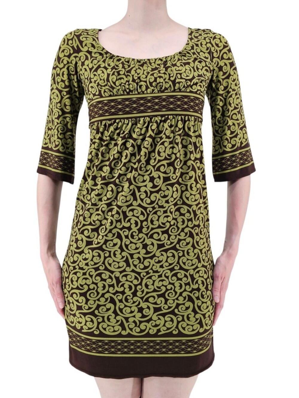 City Triangles Green Brown Scroll Print Empire Waist Dress Size Small Boho Y2K